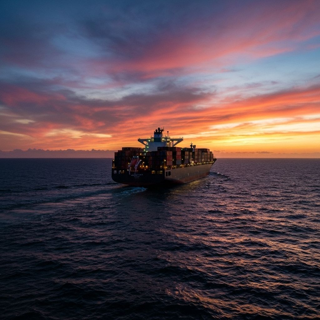 A majestic container ship cutting through calm seas at golden hour